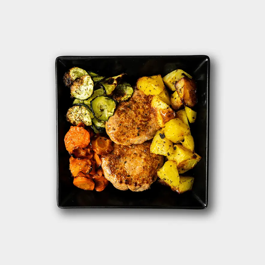 BURGER DI TACCHINO CON PATATE AL FORNO E VERDURE